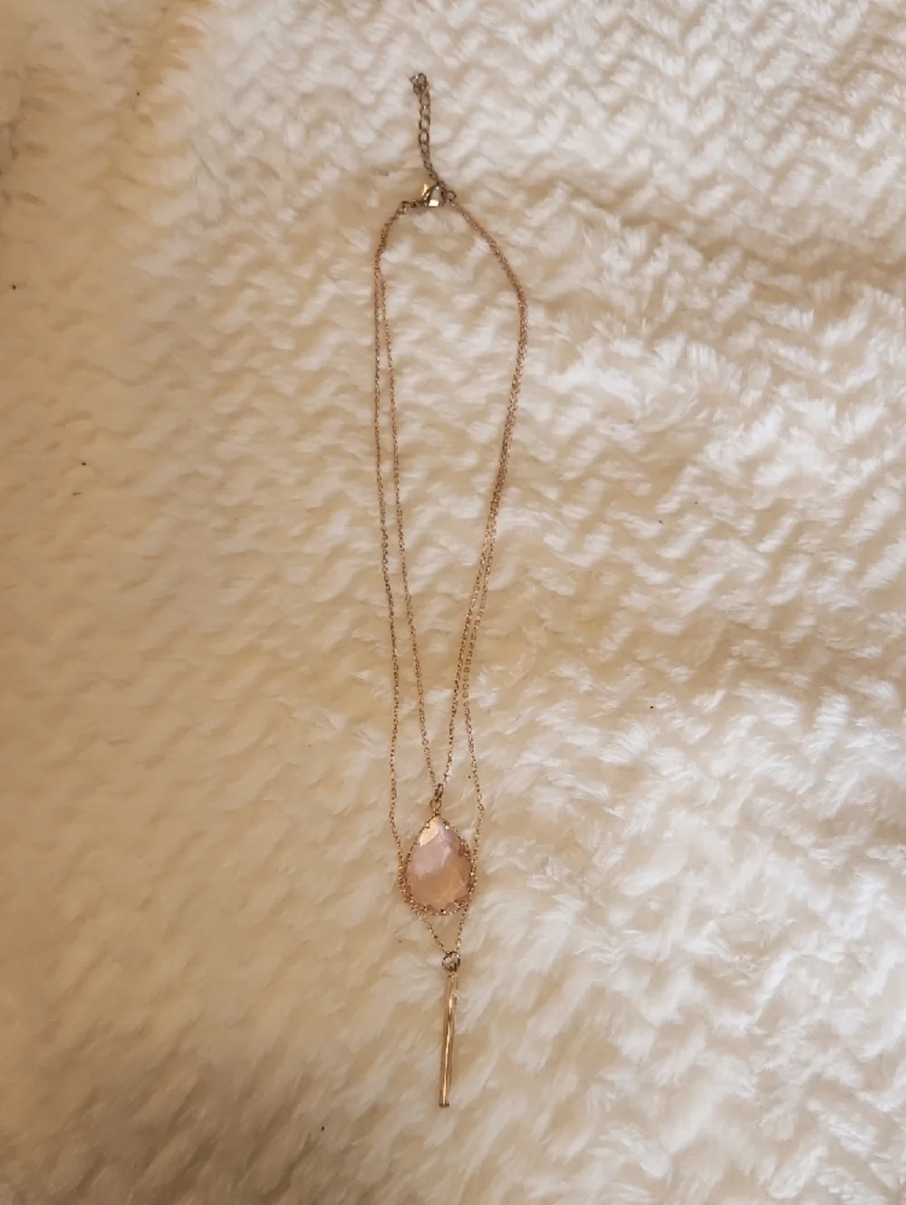 Multi Layered Gold Necklace with Rose Quartz Glass Pendant And Hanging Accent